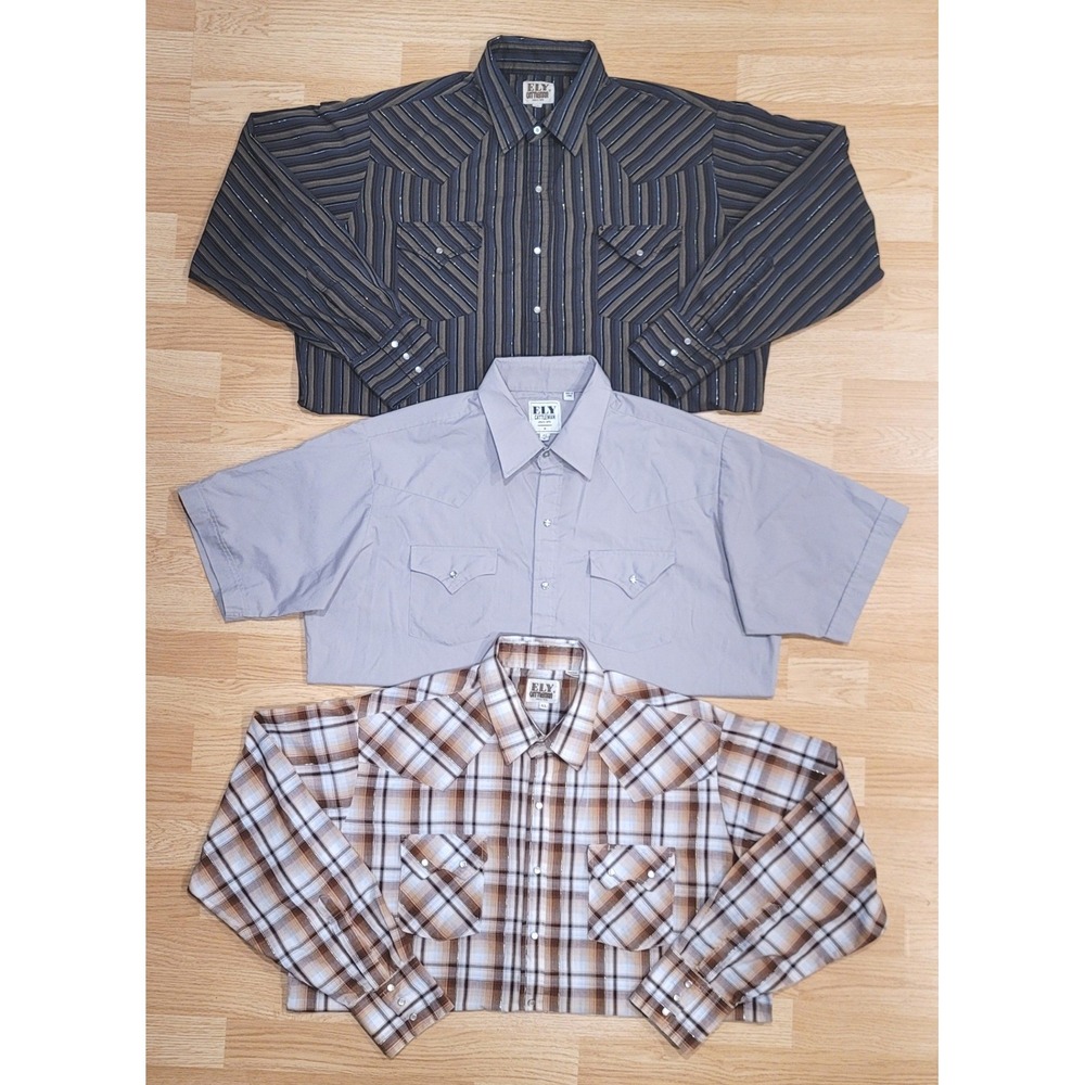 Ely Cattleman Western Shirt Bundle Mens XL Plaid Grey Striped Pearl Snap 3 Pack